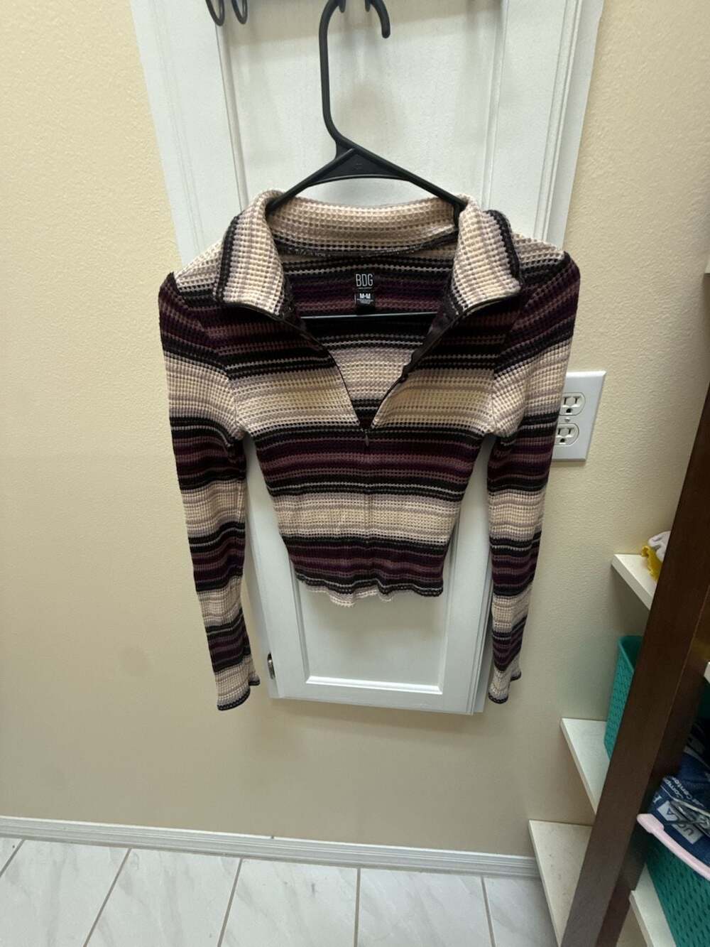 BDG Bunny Striped Quarter-Zip Thermal Cropped Long Sleeve